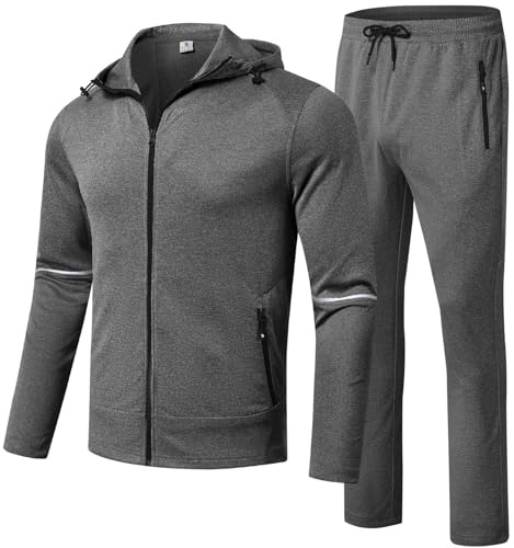 Rdruko Mens Hooded Long Sleeve Tracksuit Sets, Grey M