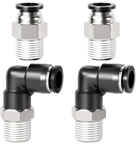 TAILONZ PNEUMATIC Raccords coudés et droits pour tubes 10MM OD x 1/2 pouce BSP PC10-04+PL10-04(Pack de 4)