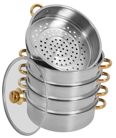 26/28/30cm 5 Etagen Dampfkochtopf Edelstahl Dampfgarer Topf Mit Glasabdeckung Gold Silber Dampfkocher Geeignet für Gaskochfelder Induktionskochfelder und Elektrische Tontöpfe usw (Gold Silber, 28 cm)
