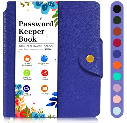 BLESWIN Password Book – Small Password Book Alphabetical with Tabs, Elegant PU Leather Password Journal, 15.3 x 13CM, A6 Password Logbook to Record Contacts, Special Days, Internet Setting, Dark Blue