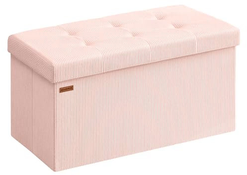 SONGMICS Sitzbank mit Stauraum, klappbare Fußbank, 38 x 76 x 38 cm, Bettbank, Aufbewahrungsbox, bis 300 kg belastbar, Wohnzimmer, Schlafzimmer, Eingangsbereich, pastellrosa LSF603R01