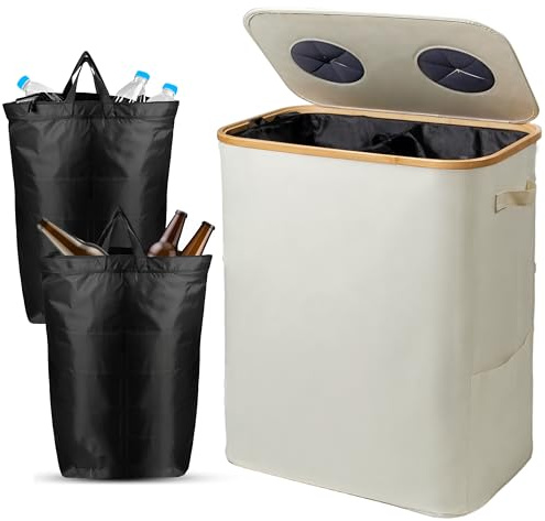 SYLANDO 140L Pfandflaschen Sammelbehälter mit Deckel & XXL Tragetaschen, Flaschensammler für Leergut & Altglas, 2 Fächer Organizer mit Lochdesign, Recycling Behälter für Küche & Abstellraum (Beige)