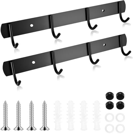 pzihao 2 Stück Hakenleiste Küchenhaken, Kleiderhaken Wandhaken Garderobenhaken Schwarz, Edelstahl Garderobenleiste mit 4 Haken zum Einhängen Mäntel Hüte Jackenaufhänger, Metall Wall Coat Hooks