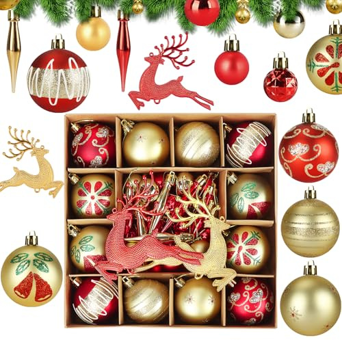 BBWELL Juego de 40 Bolas de Navidad para árbol,DecoracióN para Colgar en Fiestas de Temporada,Doradas y Rojas Adornos Arbol Navidad,Decoración del Hogar y Decoración de Jardines al Aire Libre