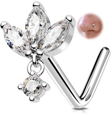 OUFER 20G Titanium G23 Nose Stud, 7 mm L Shaped Nose Ring, Dangle Lotus Nostril Piercing Jewelry Marquise Cubic Diamond Thin Body Jewellery for Women