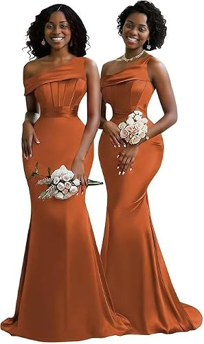 Robe de bal en satin plissée à une épaule, robes de demoiselle d'honneur sirène corset robe de soirée formelle, orange brûlé, L