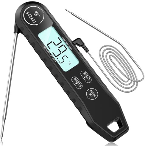 DOQAUS Köttermometer digital, stektermometer med 100 cm extern lång sond, larminställning, ugnstermometer för kök, ugn, röker (Svart) | Temperaturlarm, omedelbar avläsning 3 sekunder, noggrannhet ±1 °C, bakgrundsbelyst LCD, för ugn, grill, kaffe, bakning