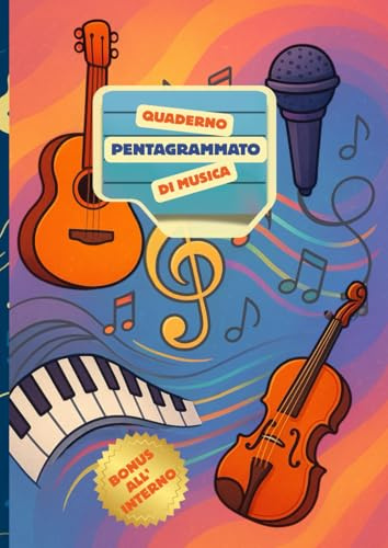 Quaderno pentagrammato di musica formato A4: 120 pagine di pentagrammi ognuna con 12 righi- indice iniziale- giochi a tema musicale-per le Scuole Elementari e Medie