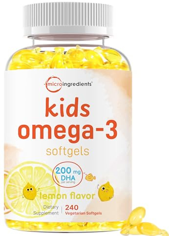Micro Ingredients Kids Omega-3 Fish Oil, 240 Veggie Softgels | Vegan Omega 3 with 200mg DHA | Lemon Flavored | Fish Oil Alternative from Algae Oil | No Fishy Smell or Aftertaste