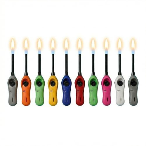 TOM 10 Stück Stabfeuerzeug Set nachfüllbar – groß/XXL langes Gasfeuerzeug, Tischfeuerzeug & Kerzenanzünder 21,8 cm, elektronisches Zündsystem Soft Flame für Kerzen, Grill & Kamin, Outdoor