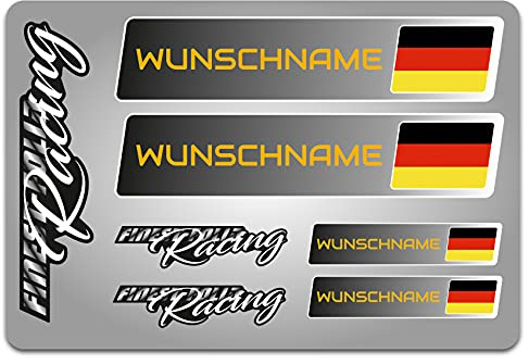 4er Set Aufkleber mit Fahne Flagge und wahlweise Name Sticker für Auto Fahrrad Motorrad Roller Helm im Rallye Racing Design R156 (10 Deutschland, Mit Wunschname)