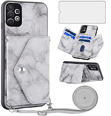 Asuwish Fodral för Samsung Galaxy A32 4G med Snodd och Härdat Glas Film,Flip Läder Stativ Korthållare Plånboksfodral Skal för A 32 32A S32 G4 Skydd Phone Wallet Case Marmor Grå