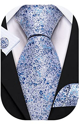 Barry.Wang Flower Man Tie Set Silk Solid Woven Handkerchief Cufflinks Sets Sky Blue