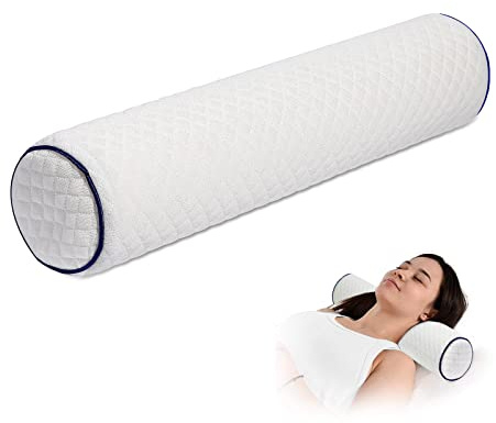 FYB Neck Roll Pillow,Bolster Pillow,Memory Foam Pillows,Support Back Cushion Cervical Relieve Pain Round Core Removable Cover (Dark Blue Edge, 17.7×5.1in（45×13CM）)