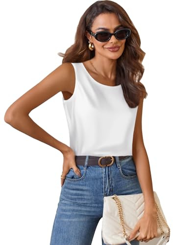 Zeagoo Top in Raso da Donna Elegante Canotta di Seta Basic Blusa con Scollo Rotondo Top Casual Senza Maniche Bianco S