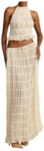 Ensemble de 2 Pièces pour Femme avec Jupe Longue sans Manches Dos Nu et Haut Court Plissé Jupe Maxi Fluide Sexy d'été Deux Pièces pour Printemps Eté Top