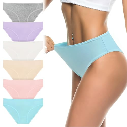 flintronic Women's Underwear, 6 Pcs Breathable Knickers Multipack, Stretchy Mid-Low Rise Hipster Panties, Soft Comfortable Ladies Basic Briefs for Daily Wear
