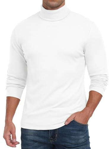 QIXING Men's Thermal Turtleneck Top, Long Sleeve Base Layer, White, S