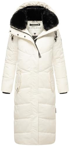 Navahoo Damen Wintermantel warmer Steppmantel extralang mit abnehmbarer Kapuze Hingucker XIV Off White Gr. M