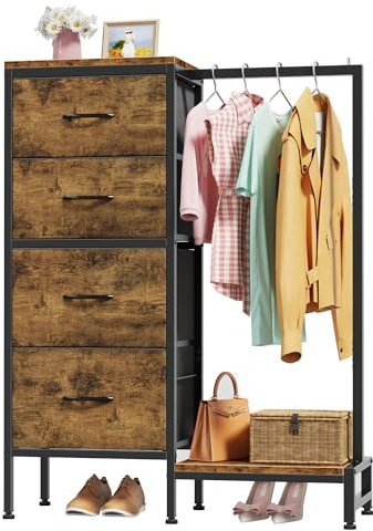 OYRREU Cómoda para Dormitorio con 4 Cajones De Tela Y Barra Colgante | Cajonera Estrecha Multifunción De 111 Cm | Mueble para Salón, Habitación Infantil O Pasillo | Madera Rústica Marrón