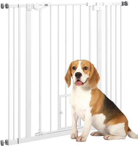 PawHut Barrière de sécurité Animaux de 104H cm Conception Haute avec Porte Chat Fermeture Automatique système de Double Verrouillage sans percage de 74 à 101 cm Acier Blanc