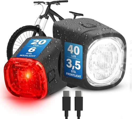 Fischer Juego de Luces para Bicicleta, 40/20 Lux, luz Delantera y Trasera, con batería, función de Carga USB, protección contra Salpicaduras IP44, homologado por StVZO