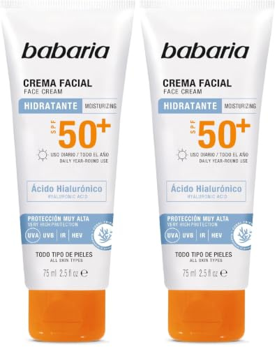 Babaria - Protector Solar Facial Con Acido Hialuronico 50+ | Crema Hidratante Facial Mujer Y Hombre | Acido Hialuronico | Bloqueador Solar | Proteccion Uva Muy Alta (Paquete de 2)