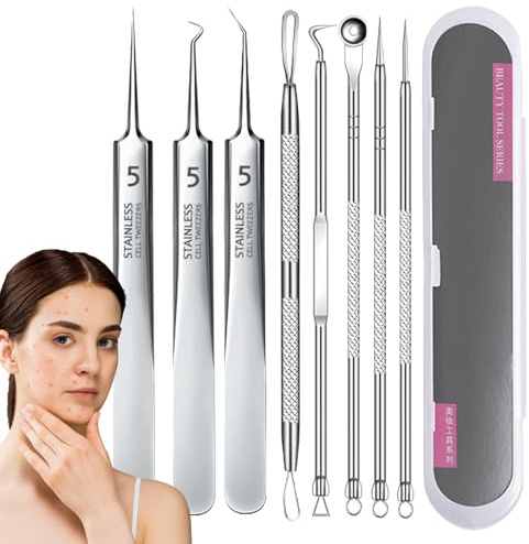 Stainless Steel Tweezers Set, Pimple Kit, Curved Tweezers Precision Feature, Comedone Extractor Tool, Remover Set with Storage Box, Professional Pimple Extraction Tools