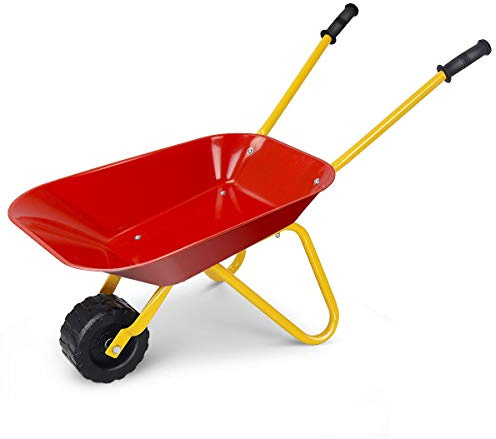 Nightcore Kids Metal Wheelbarrow, Metal Construction Toys Kart, Yard Rover Steel Tray, Tote Dirt, Tools, Leaves in Garden for Toddlers (Red)