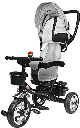 JEOBEST 4 in 1 Dreirad für Kinder, Dreirad mit Griff, Schiebefahrrad mit Glocke, Grau