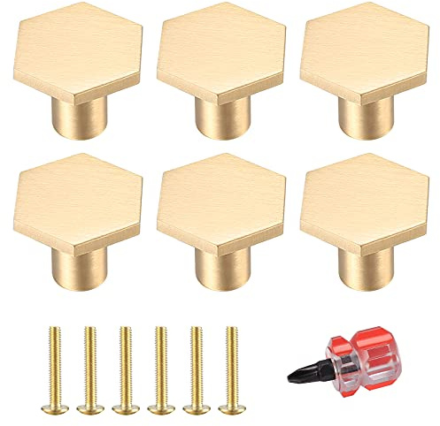 6 Piezas Pomos y Tiradores para Armarios de Latón, Pomos Tiradores de Muebles Hexágono, Manijas Perillas de Gabinete para Cajones Cocina Puertas, con Destornillador - Oro (22 * 18MM)