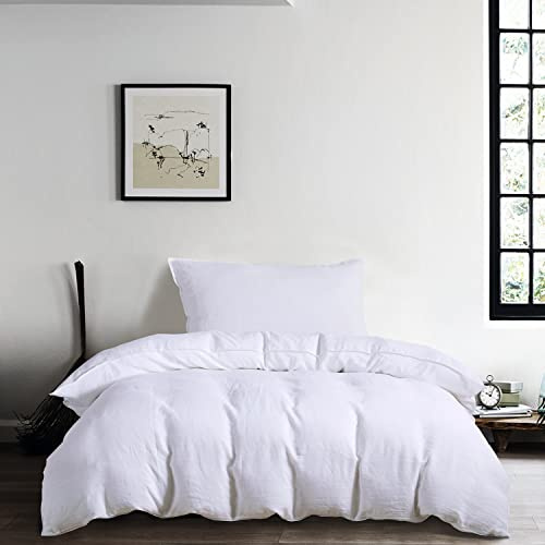 CHUFFED Biancheria da letto in lino 135x200 cm, 100% lino francese, ipoallergenica, traspirante, 1 copripiumino da 135x200 cm e 1 federa da 80x80 cm, colore bianco