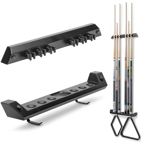 GoSports Wall Mounted Pool Cue Stick Holder - Holds 6 Cues and 2 Triangle Racks - Multiple Colors Available