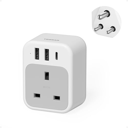 UK to India Plug Adapter, TESSAN Grounded Type D Travel Adapter with 3 USB Ports (1 USB C), India Travel Adapter for UK to Sri Lanka, Pakistan, Burma, Maldives, Iraq, Namibia, Nepal, Yemen, Zambia
