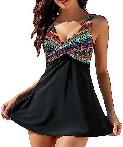 Laorchid - Traje de baño de tallas grandes con pantalones cortos para mujer, traje de baño de playa, tankini push up, tankini acolchado, Rayas bohemias, L