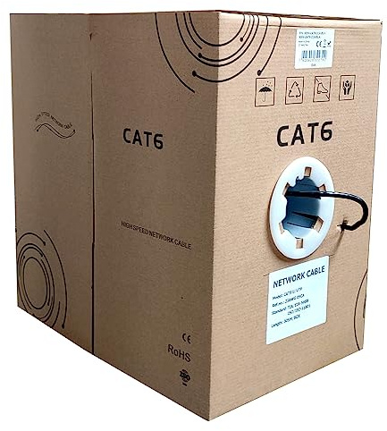 JUSTOP 305M CAT6 Ethernet Cable Reel UTP Network Solid Core CCA 1000 Feet Indoor & Outdoor 23AWG CAT 6 Networking LAN Lead Roll In Pull-Box (305m) (Black)