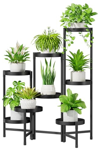 VASZOLA 8 Etagen Metall Pflanzenständer Blumenregal, Klappbarer Eck Pflanzenregal für Mehrere Pflanzen, Abgestuftes Pflanzentreppen Blumentopfhalter für Terrasse Wohnzimmer Garten Balkon, Schwarz