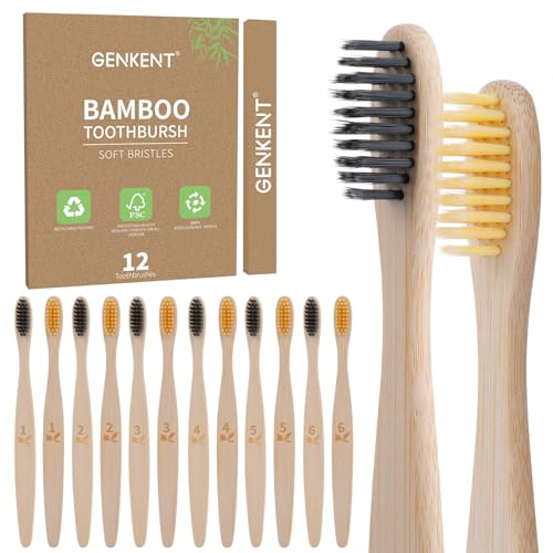 GENKENT 12 Counts Bamboo Toothbrush Eco Friendly Natural Charcoal Toothbrushes with BPA Free Soft Bristles