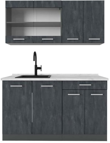 Vicco Singleküche R-Line, Schwarz Beton, 140 cm AP Marmor, zur flexiblen Erweiterung mit weiteren Modulen geeignet