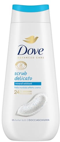 Dove Bagnoschiuma Scrub Delicato, Bagnodoccia Idratante, Formula Delicata sul Microbioma della Pelle, con Agenti Idratanti Vegetali, Senza Solfati SLES, Bagnodoccia Uomo e Donna, 225 ml