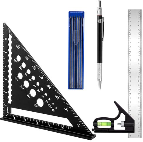 Squadra Falegname 185 mm, Quadrata Combinata in Alluminio Multifunzionale Righello 300 mm, Matita Carpentiere con 12 Ricariche per Carpentieri Misurare et Segnare