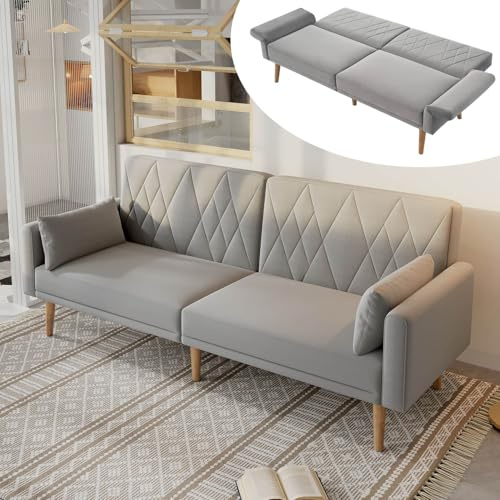 PUGSDRLY Canape 2 Places Convertible avec Coussins,Petit canapé en Velours,Dossier Réglable en 3 Positions,pour Salon Appartements et Dortoirs,180x75x82cm (Gris)