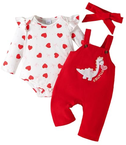 LUVCES Vestiti Set di Pantaloni a Bretelle per Bambina Neonata Tutina Top con Volant Stampa a Cuori + Carina Elefante Salopette + Fascia Autunno Inverno Abiti Set Dinosauro dal cuore rosso 6-12 Mesi