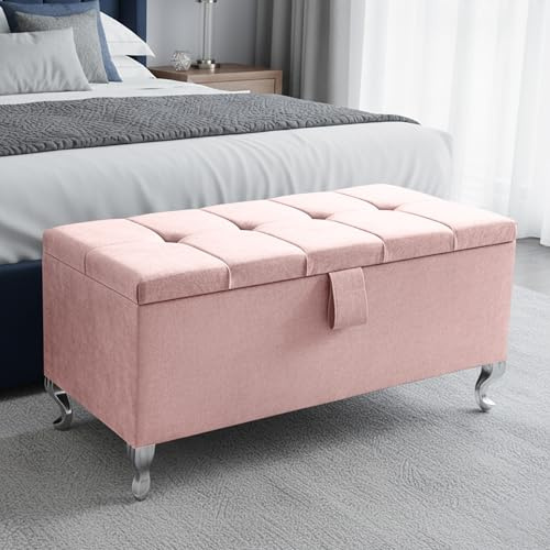 Aiza Large Cube Ottoman Storage Box Plush Velvet Bench, Pink, Legs | Lift-up compartment, engineered wood frame and padded seat; suitable for bedroom, lounge, hallway or end-of-bed use.