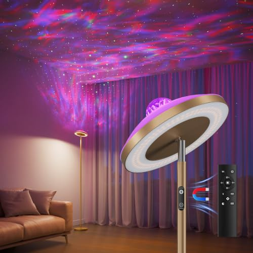 DUSKTEC Uplighter Floor Lamp with Aurora Projector, Dimmable LED Floor Standing Reading Lamps Remote & Touch Control,Corner Ambient Lamp, Mood Lighting Night Light for Living Room, Kids Bedroom-Gold