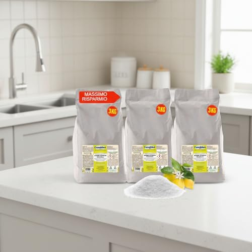 Acido Citrico per Pulizia in Polvere, Cura Lavastoviglie e Lavatrice, Azione Disincrostante e Anticalcare per Bagno, massimo risparmio 3 buste da 3 Kg = 9 Kg