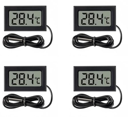 Digital Thermometer – 4 Pack LCD Temperature Monitor with External Probe, Fridge Freezer Thermometer Sensor for Kitchen, Aquarium, Refrigerator & Cold Storage, -50°C to 110°C Range, Black
