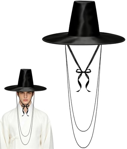 Miaija Korean Gat Hat, Black Mesh Joseon Dynasty Traditional Hat with Chains & Ribbon, Oriental Drama Opera Headdress, Cosplay Costume Accessory for Stage Props & Celebrations