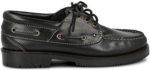 PAYMA - Scarpe da Barca Uomo Donna Bambino in Pelle Speciale Seahorse Oliata. Fatto in Spagna. 3 Occhielli Classici Stringata. Suola in Gomma. Colore: Nero. Taglia EU 44