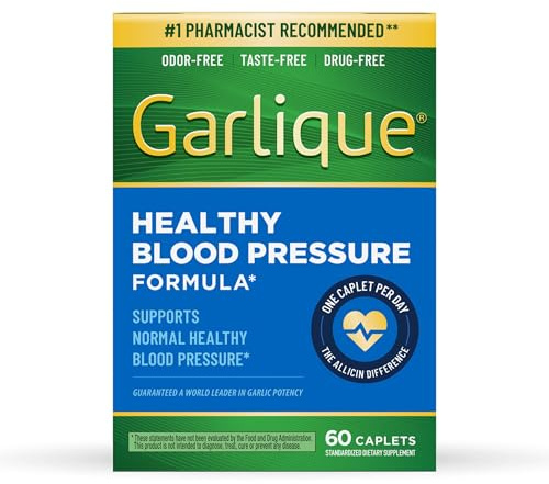 Garlique Garlic Extract Supplement, Healthy Blood Pressure Formula, Odorless & Vegan, 60 Caplets